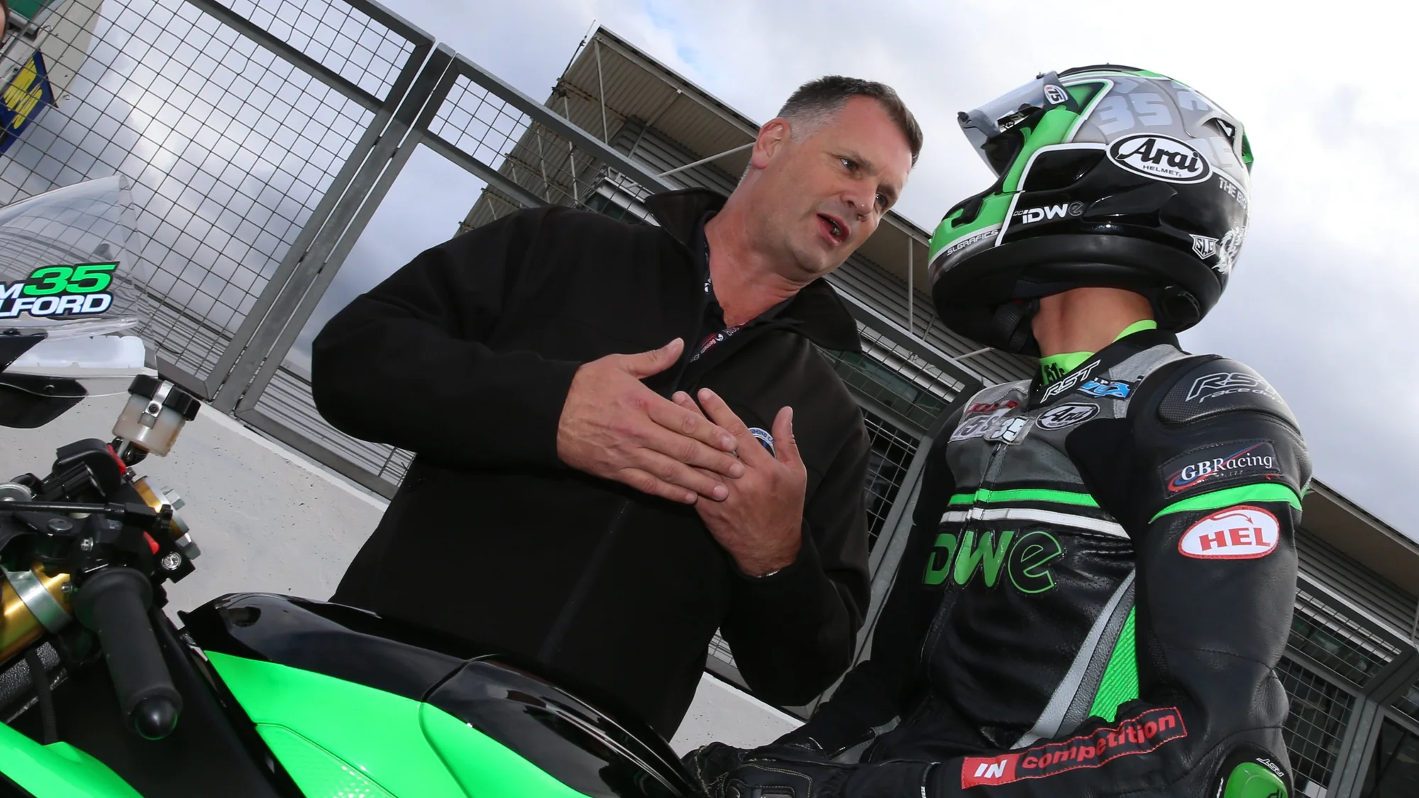 Craig Muirhead with Sam Wilford on the grid at Silverstone, British Superbikes