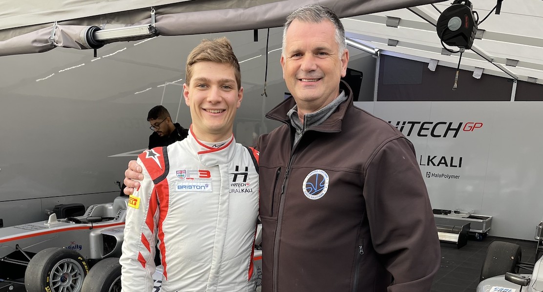 Craig Muirhead with British F3 driver Bart Horsten in the Hitech GP garage